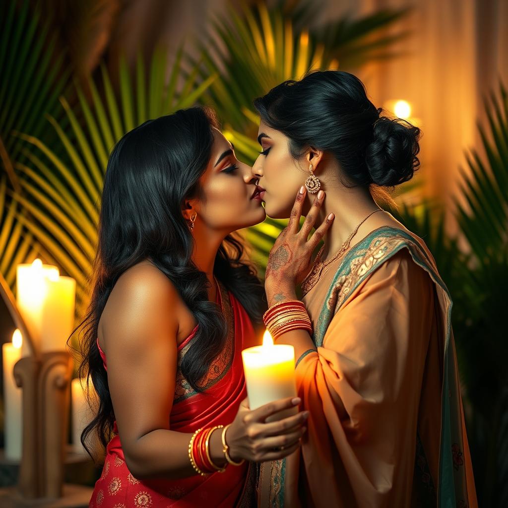 A close-up shot of two beautiful Indian women in a romantic, intimate setting, sharing a passionate kiss