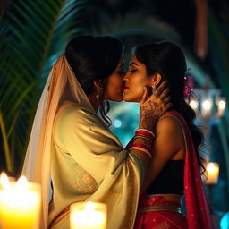 A close-up shot of two beautiful Indian women in a romantic, intimate setting, sharing a passionate kiss