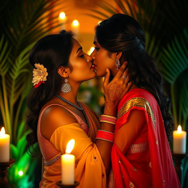 A close-up shot of two beautiful Indian women in a romantic, intimate setting, sharing a passionate kiss