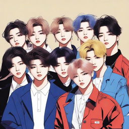 A vibrant, high-quality digital art image of the South Korean boy band, Stray Kids