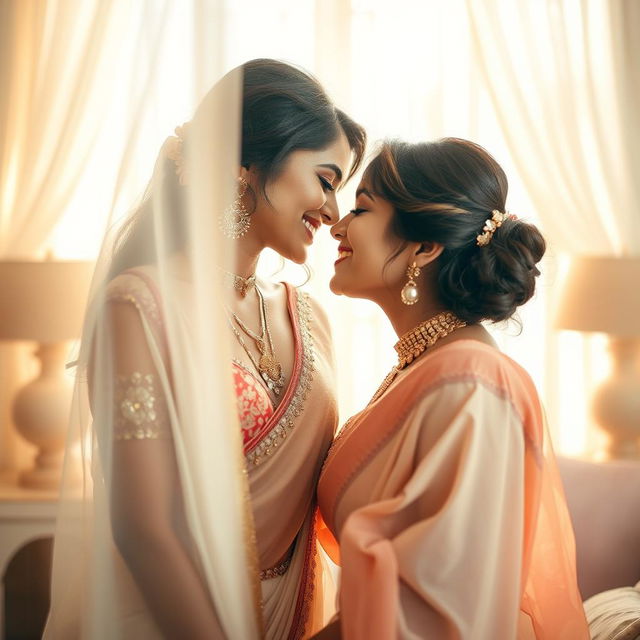 An artistic and intimate portrayal of two stunning Indian women, captured in a soft-focus shot as they lean towards each other in a playful yet sensual manner, kissing each other's navels