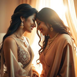 An artistic and intimate portrayal of two stunning Indian women, captured in a soft-focus shot as they lean towards each other in a playful yet sensual manner, kissing each other's navels