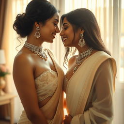 An artistic and intimate portrayal of two stunning Indian women, captured in a soft-focus shot as they lean towards each other in a playful yet sensual manner, kissing each other's navels