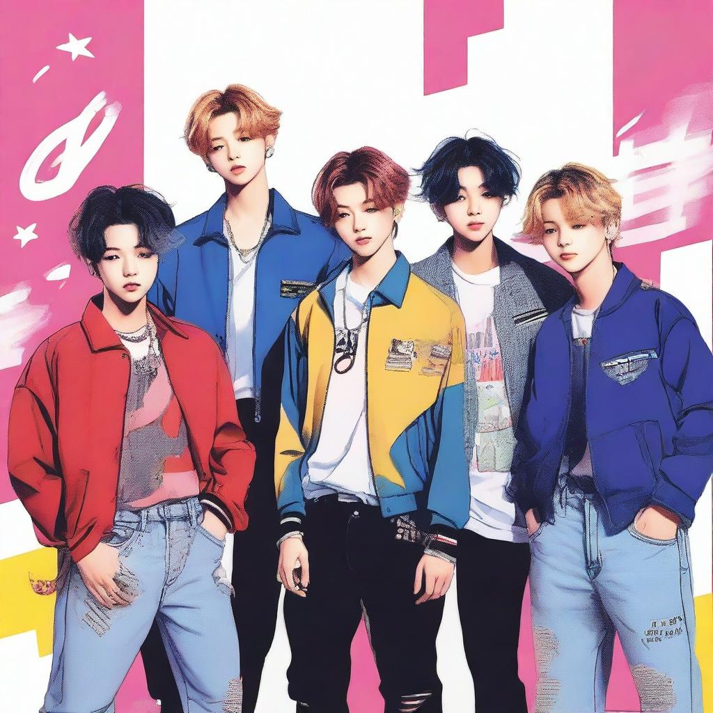 A vibrant, high-quality digital art image of the South Korean boy band, Stray Kids