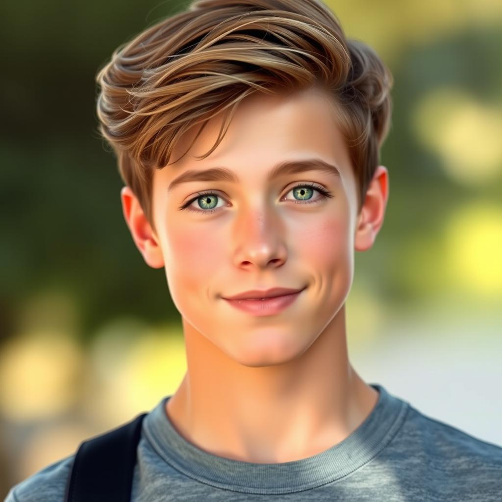 A handsome teenage boy with fair skin, medium brown hair, and striking green eyes