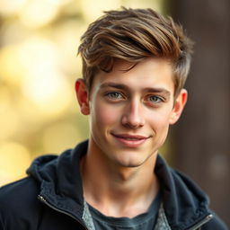 A handsome teenage boy with fair skin, medium brown hair, and striking green eyes