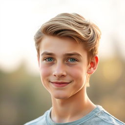 A handsome teenage boy with fair skin, medium brown hair, and striking green eyes