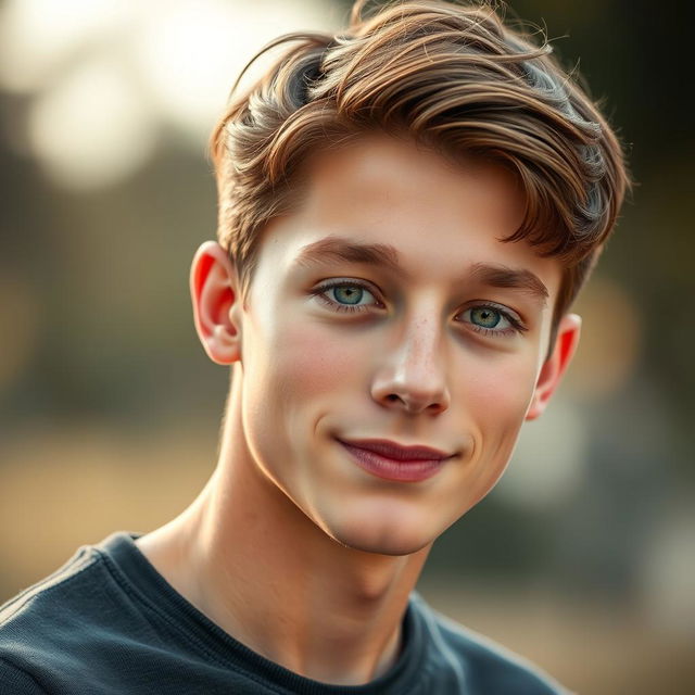 A handsome teenage boy with fair skin, medium brown hair, and striking green eyes