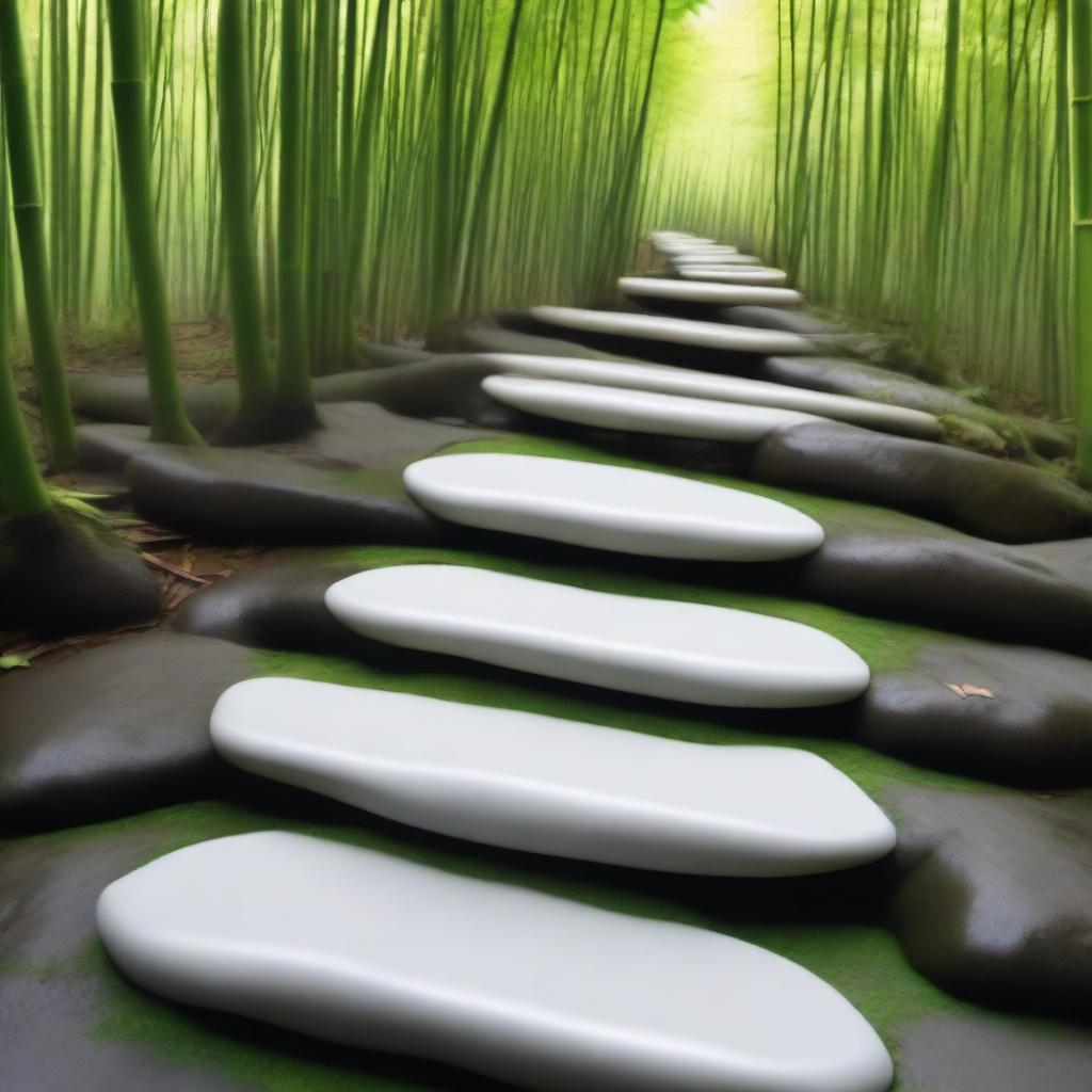 An incredibly realistic, high-quality photograph showcasing a series of separate, bright white stepping stones, partially embedded into the ground, descending down a mountain trail surrounded by a dense, green bamboo forest