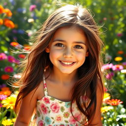 A beautiful young girl with striking features reminiscent of Adriana Lima, with long dark hair, bright brown eyes, and an infectious smile