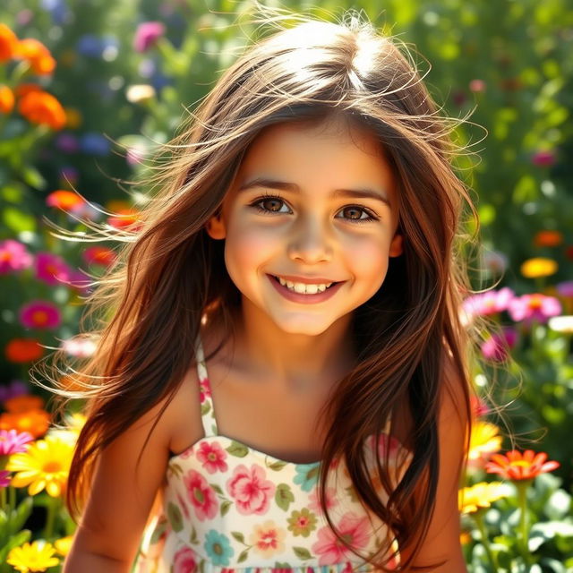 A beautiful young girl with striking features reminiscent of Adriana Lima, with long dark hair, bright brown eyes, and an infectious smile