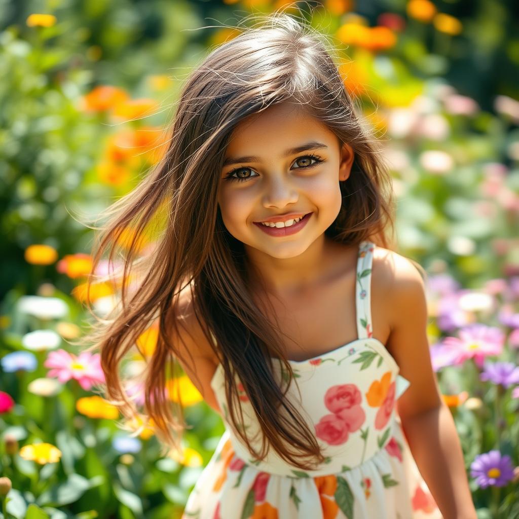 A beautiful young girl with striking features reminiscent of Adriana Lima, with long dark hair, bright brown eyes, and an infectious smile