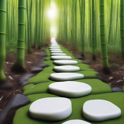 An incredibly realistic, high-quality photograph showcasing a series of separate, bright white stepping stones, partially embedded into the ground, descending down a mountain trail surrounded by a dense, green bamboo forest