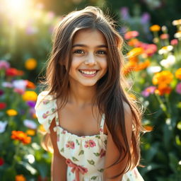 A beautiful young girl with striking features reminiscent of Adriana Lima, with long dark hair, bright brown eyes, and an infectious smile