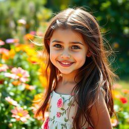 A beautiful young girl with striking features reminiscent of Adriana Lima, with long dark hair, bright brown eyes, and an infectious smile