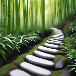 An incredibly realistic, high-quality photograph showcasing a series of separate, bright white stepping stones, partially embedded into the ground, descending down a mountain trail surrounded by a dense, green bamboo forest