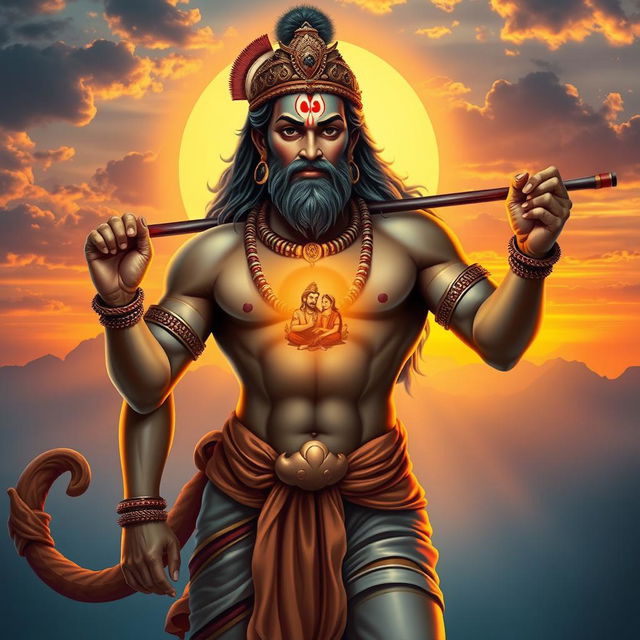 A divine representation of Hanuman Ji, the Hindu deity known for his strength, devotion, and monkey-like features