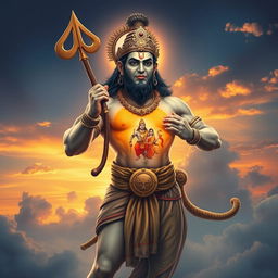 A divine representation of Hanuman Ji, the Hindu deity known for his strength, devotion, and monkey-like features