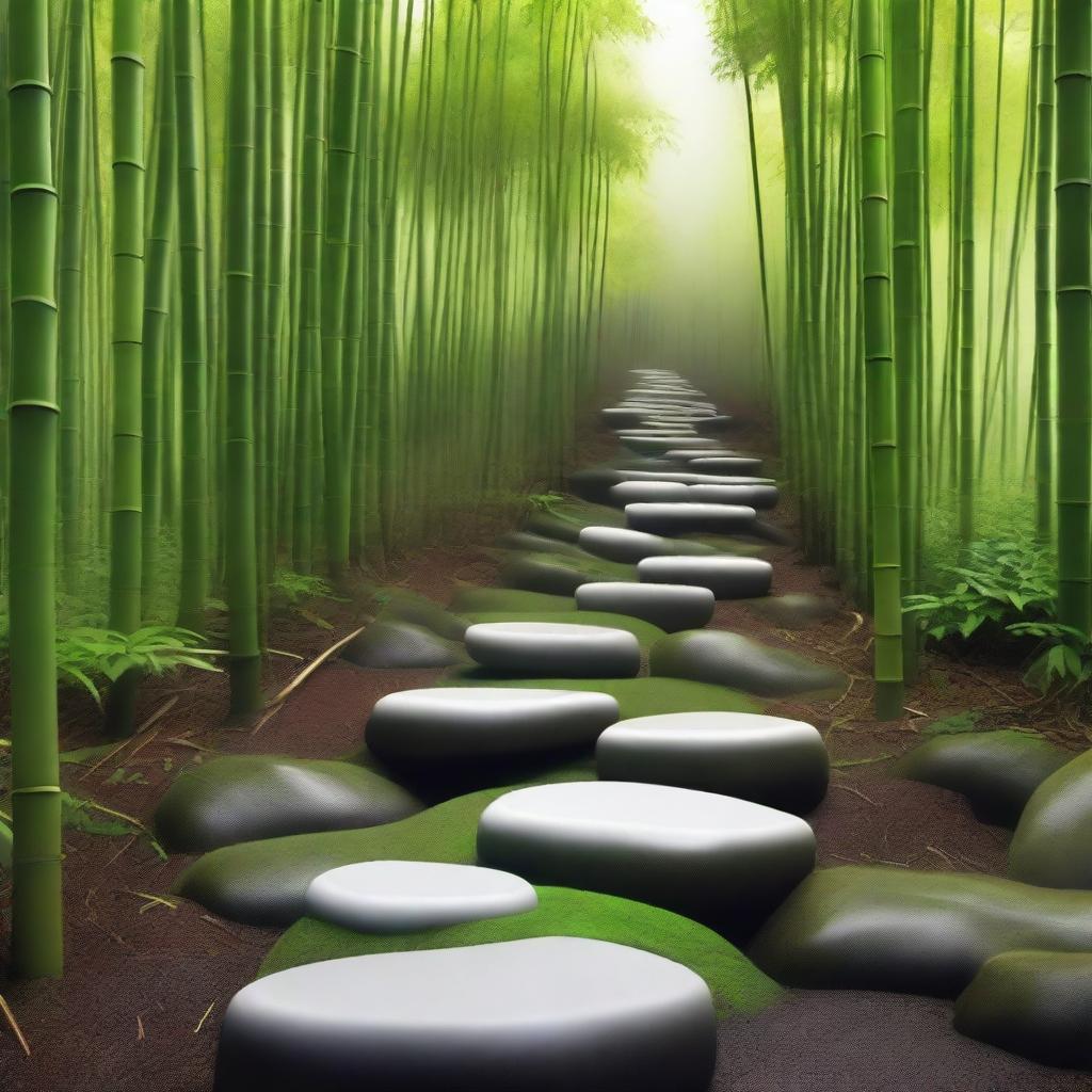 An incredibly realistic, high-quality photograph showcasing a series of separate, bright white stepping stones, partially embedded into the ground, descending down a mountain trail surrounded by a dense, green bamboo forest