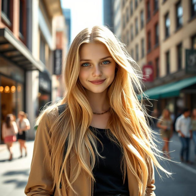 A stunning 15-year-old girl with features reminiscent of Rosie Huntington-Whiteley, showcasing long flowing blonde hair, piercing blue eyes, and an elegant smile