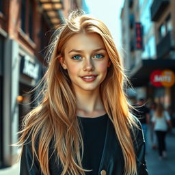A stunning 15-year-old girl with features reminiscent of Rosie Huntington-Whiteley, showcasing long flowing blonde hair, piercing blue eyes, and an elegant smile