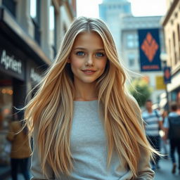 A stunning 15-year-old girl with features reminiscent of Rosie Huntington-Whiteley, showcasing long flowing blonde hair, piercing blue eyes, and an elegant smile