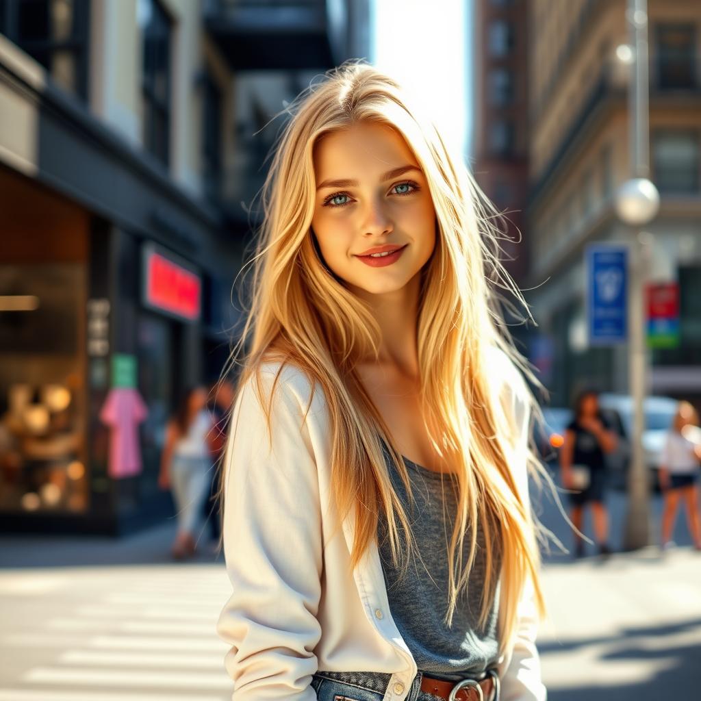 A stunning 15-year-old girl with features reminiscent of Rosie Huntington-Whiteley, showcasing long flowing blonde hair, piercing blue eyes, and an elegant smile