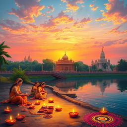 A vibrant and colorful depiction of a Hindu festival celebrating Lord Ram, featuring beautifully adorned devotees in traditional attire performing aarti (a Hindu ritual of worship) by the riverside at sunset