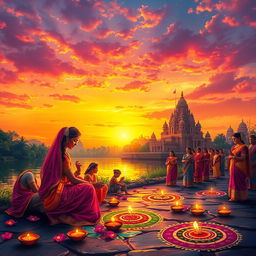 A vibrant and colorful depiction of a Hindu festival celebrating Lord Ram, featuring beautifully adorned devotees in traditional attire performing aarti (a Hindu ritual of worship) by the riverside at sunset