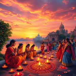 A vibrant and colorful depiction of a Hindu festival celebrating Lord Ram, featuring beautifully adorned devotees in traditional attire performing aarti (a Hindu ritual of worship) by the riverside at sunset