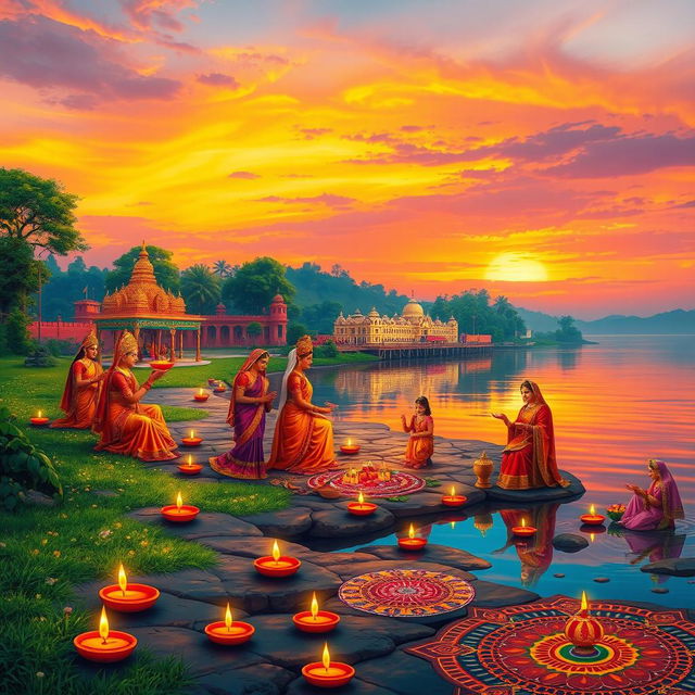 A vibrant and colorful depiction of a Hindu festival celebrating Lord Ram, featuring beautifully adorned devotees in traditional attire performing aarti (a Hindu ritual of worship) by the riverside at sunset