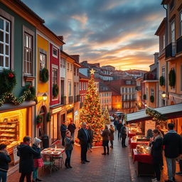 A picturesque scene of Christmas in Portugal, showcasing colorful Portuguese architecture adorned with festive decorations