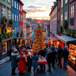 A picturesque scene of Christmas in Portugal, showcasing colorful Portuguese architecture adorned with festive decorations
