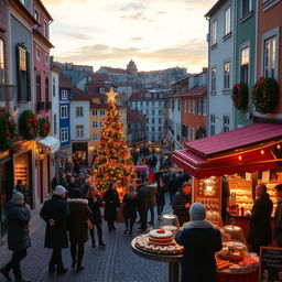A picturesque scene of Christmas in Portugal, showcasing colorful Portuguese architecture adorned with festive decorations