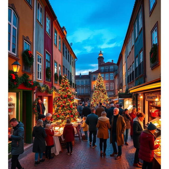 A picturesque scene of Christmas in Portugal, showcasing colorful Portuguese architecture adorned with festive decorations