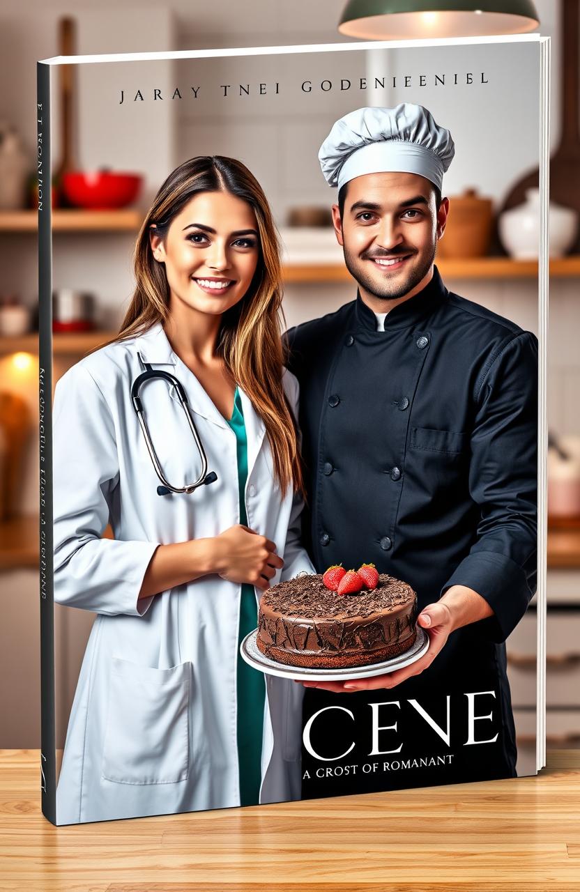 A stunning book cover featuring a beautiful female doctor with long brown hair wearing a pristine white lab coat and a stethoscope around her neck, standing confidently next to a handsome male chef in a black chef's coat holding a delectable chocolate cake decorated with chocolate shavings and fresh berries