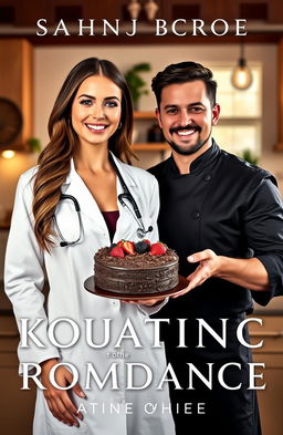 A stunning book cover featuring a beautiful female doctor with long brown hair wearing a pristine white lab coat and a stethoscope around her neck, standing confidently next to a handsome male chef in a black chef's coat holding a delectable chocolate cake decorated with chocolate shavings and fresh berries