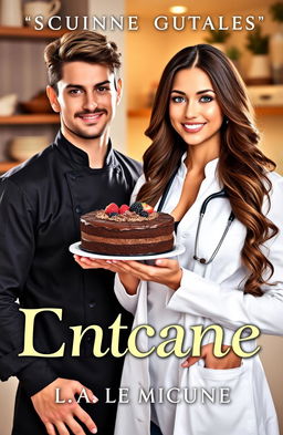 A stunning book cover featuring a beautiful female doctor with long brown hair wearing a pristine white lab coat and a stethoscope around her neck, standing confidently next to a handsome male chef in a black chef's coat holding a delectable chocolate cake decorated with chocolate shavings and fresh berries