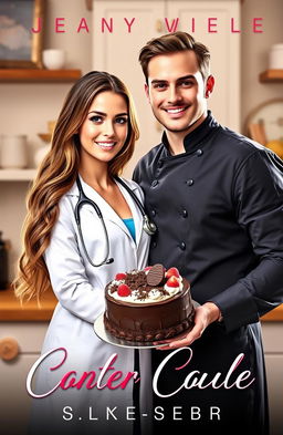 A stunning book cover featuring a beautiful female doctor with long brown hair wearing a pristine white lab coat and a stethoscope around her neck, standing confidently next to a handsome male chef in a black chef's coat holding a delectable chocolate cake decorated with chocolate shavings and fresh berries