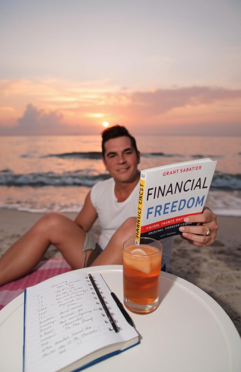 A person sitting on a serene beach during sunset, reading the book 'Financial Freedom' by Grant Sabatier