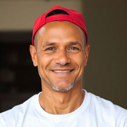 A light brown-skinned man with a clean-shaven face, no beard or mustache, wearing a red cap on his head for a casual look