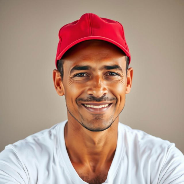 A light brown-skinned man with a clean-shaven face, no beard or mustache, wearing a red cap on his head for a casual look