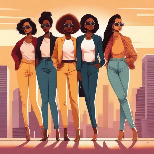 A high-quality digital art featuring a group of confident women, each showcasing their unique style and personality