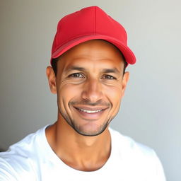 A light brown-skinned man with a clean-shaven face, no beard or mustache, wearing a red cap on his head for a casual look