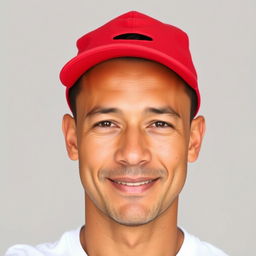 A light brown-skinned man with a clean-shaven face, no beard or mustache, wearing a red cap on his head for a casual look