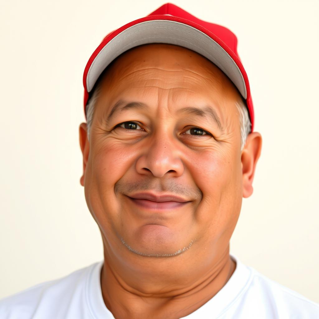 A light brown-skinned man with a clean-shaven face, no beard or mustache, wearing a red cap on his head for a casual look