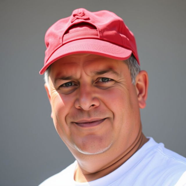 A light brown-skinned man with a clean-shaven face, no beard or mustache, wearing a red cap on his head for a casual look