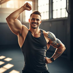 A muscular man with tattoos and a chiseled body, featuring a well-defined jawline and a charming smile