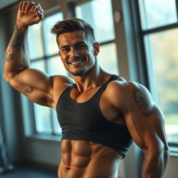 A muscular man with tattoos and a chiseled body, featuring a well-defined jawline and a charming smile