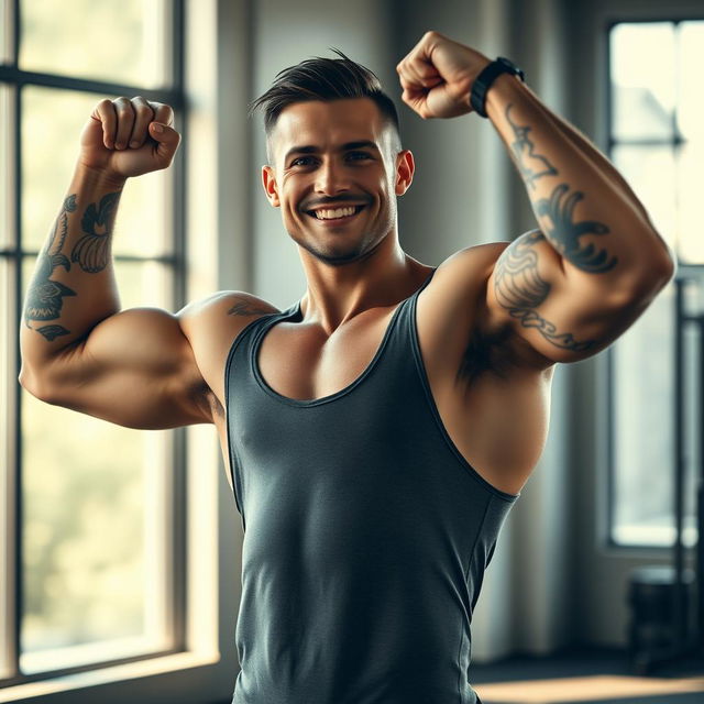 A muscular man with tattoos and a chiseled body, featuring a well-defined jawline and a charming smile